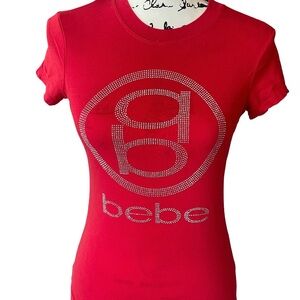 Bebe Red Short Sleeve Tee with Rhinestone Design